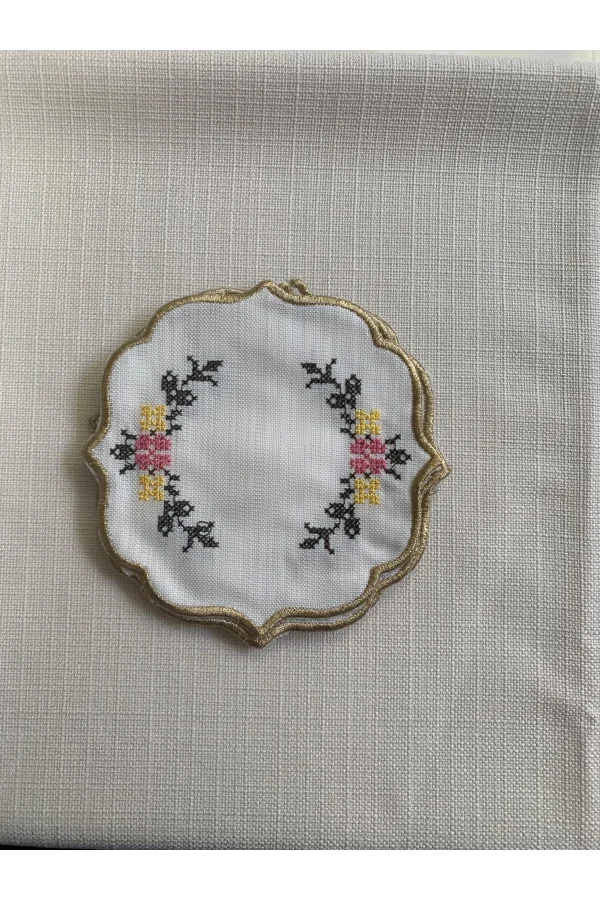 NİVEMESHOME KANAVİÇE NAKIŞLI SARı-PEMBE OVAL (6 ADET) KETEN KOKTEYL PEÇETESİ KAHVE YANI SUNUMLUK