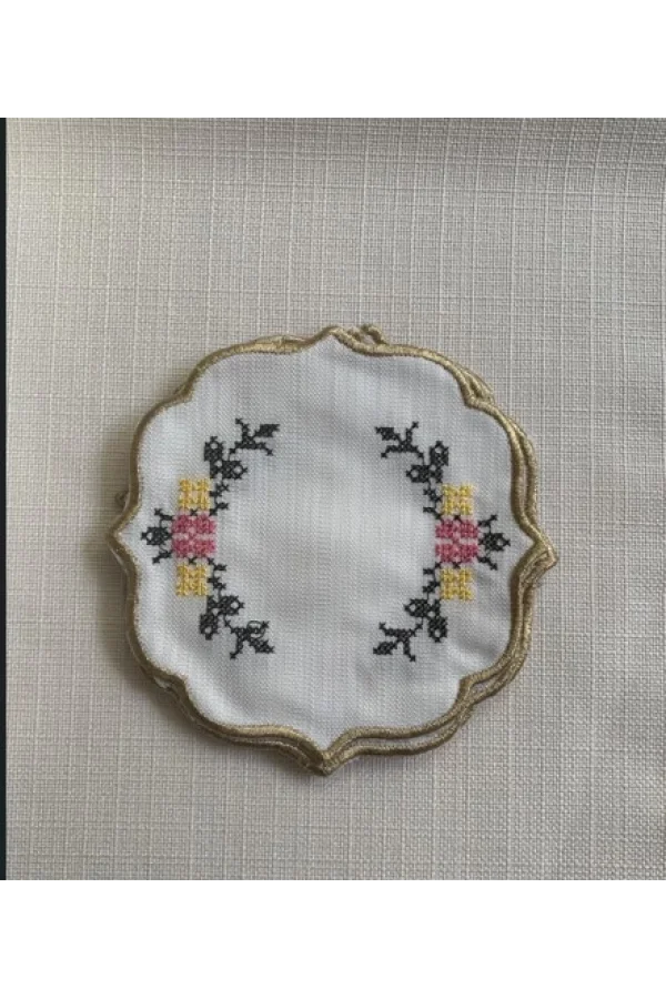 NİVEMESHOME KANAVİÇE NAKIŞLI SARı-PEMBE OVAL (6 ADET) KETEN KOKTEYL PEÇETESİ KAHVE YANI SUNUMLUK