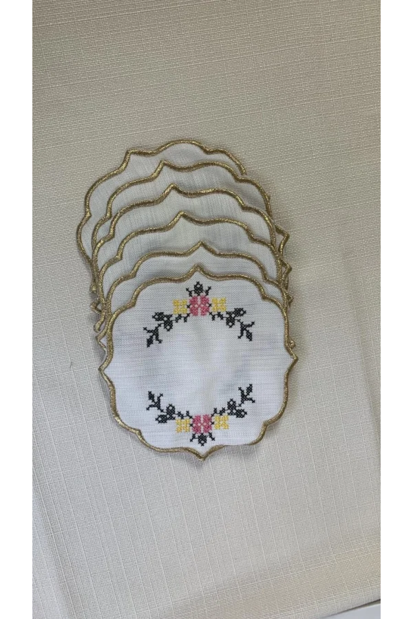 NİVEMESHOME KANAVİÇE NAKIŞLI SARı-PEMBE OVAL (6 ADET) KETEN KOKTEYL PEÇETESİ KAHVE YANI SUNUMLUK