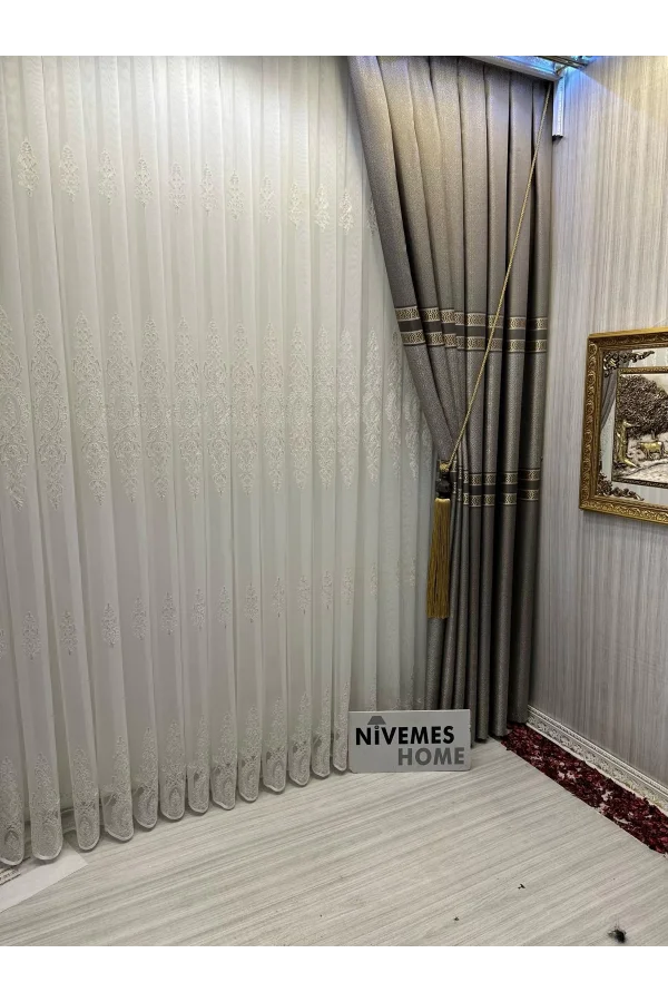 NİVEMESHOME KAREL GOLD DETAYLI 4529 1/3 SIK PİLELİ TÜL PERDE APM