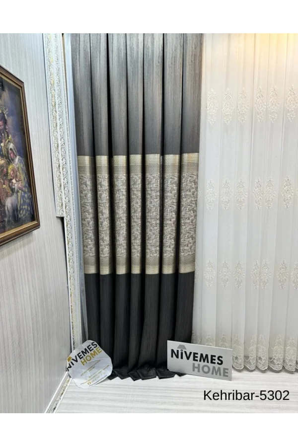 NİVEMESHOME KEHRİBAR FT614162 ANTRASİT V-5302 لوحة خلفية ستارة ملونة بالثلثين غير مكدسة APM