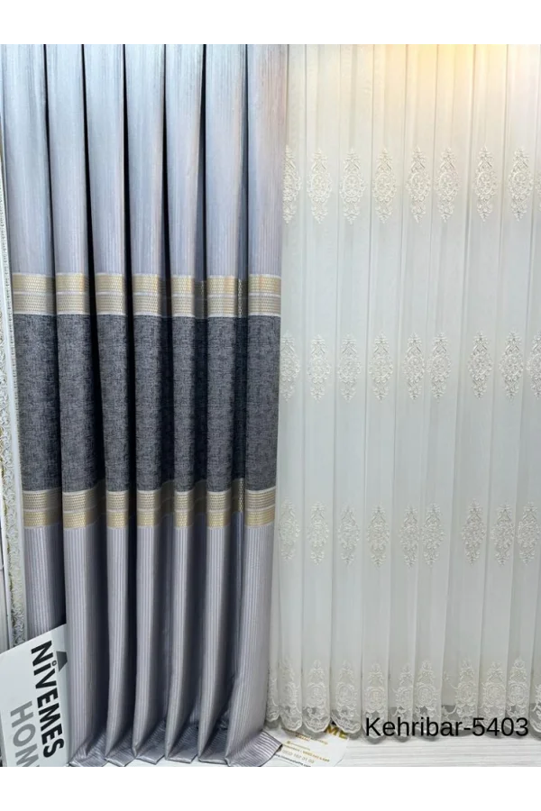 NİVEMESHOME KEHRİBAR FT614162 GRİ V-5403 PANO FON PERDE 1/3 SIK PİLELİ PERDE APM