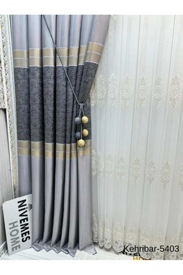NİVEMESHOME KEHRİBAR FT614162 GRİ V-5403 PANO FON PERDE 1/3 SIK PİLELİ PERDE APM