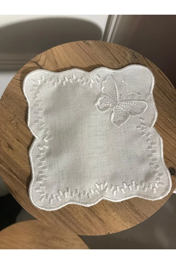 NIVEMESHOME BUTTERFLY WHITE SQUARE (6 PIECES) LINEN COCKTAIL NAPKIN COFFEE SIDE SERVING TRAY