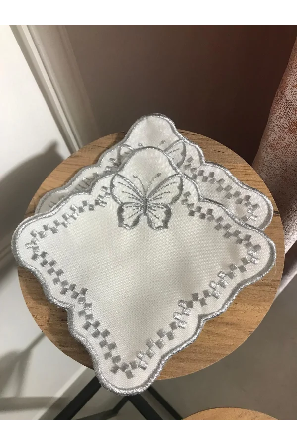 NIVEMESHOME BUTTERFLY SILVER SQUARE (6 PIECES) LINEN COCKTAIL NAPKIN COFFEE SIDE SERVICE TRAY