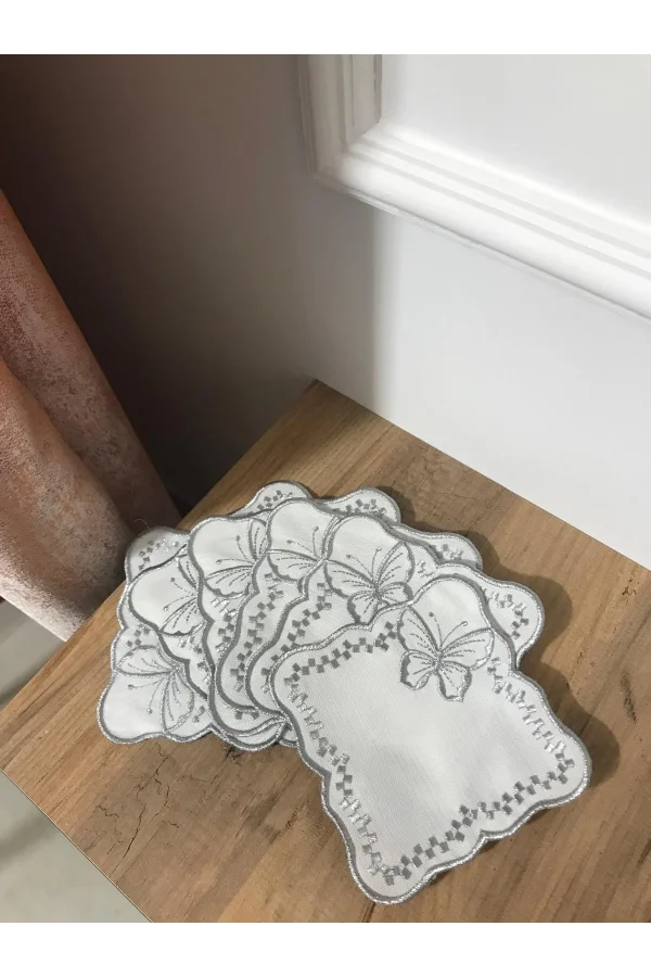 NIVEMESHOME BUTTERFLY SILVER SQUARE (6 PIECES) LINEN COCKTAIL NAPKIN COFFEE SIDE SERVICE TRAY