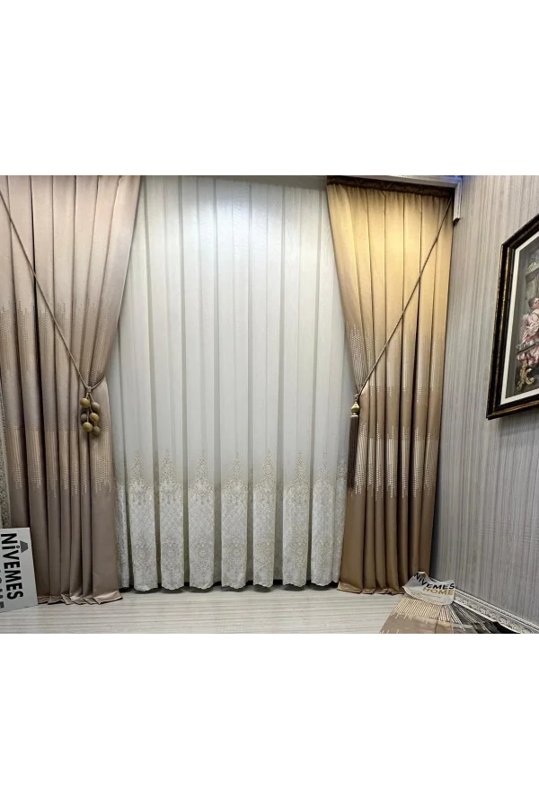 NIVEMESHOME LAL GOLD DETAYLI 2843 1/3 SIK PİLELI TÜL PERDE APM