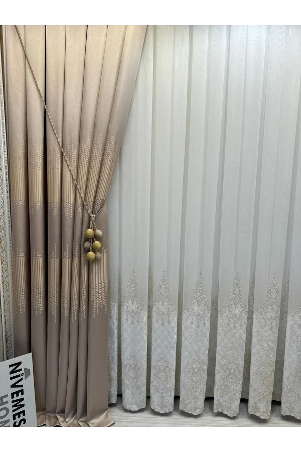 NIVEMESHOME LAL GOLD DETAYLI 2843 1/3 SIK PİLELI TÜL PERDE APM