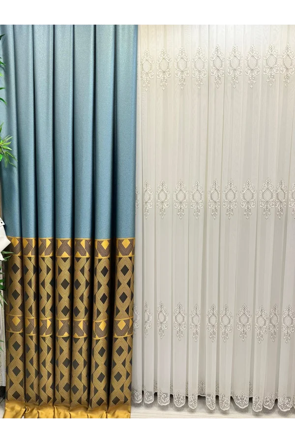 NİVEMESHOME LANTANA GOLD DETAYLI 1/3 SIK KETEN TÜL PERDE APM