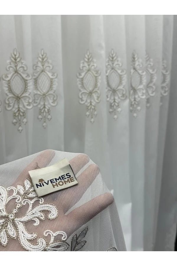 NİVEMESHOME LANTANA GOLD DETAYLI 1/3 SIK KETEN TÜL PERDE APM