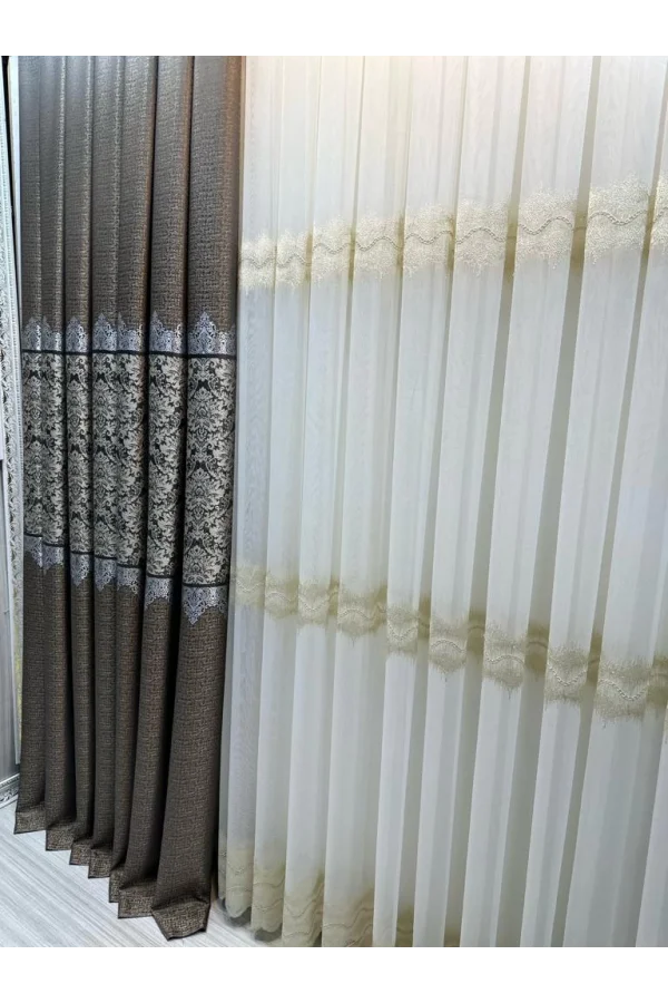 NİVEMESHOME LARİSSA H5451 ЗОЛОТИСТЫЙ ДЕТАЛЬНЫЙ 1/3 ТКАНЬ ТЮЛЬ ПЛЮЩЕНАЯ ЗАГЛАЖЕННАЯ ЭСТЕТИКА