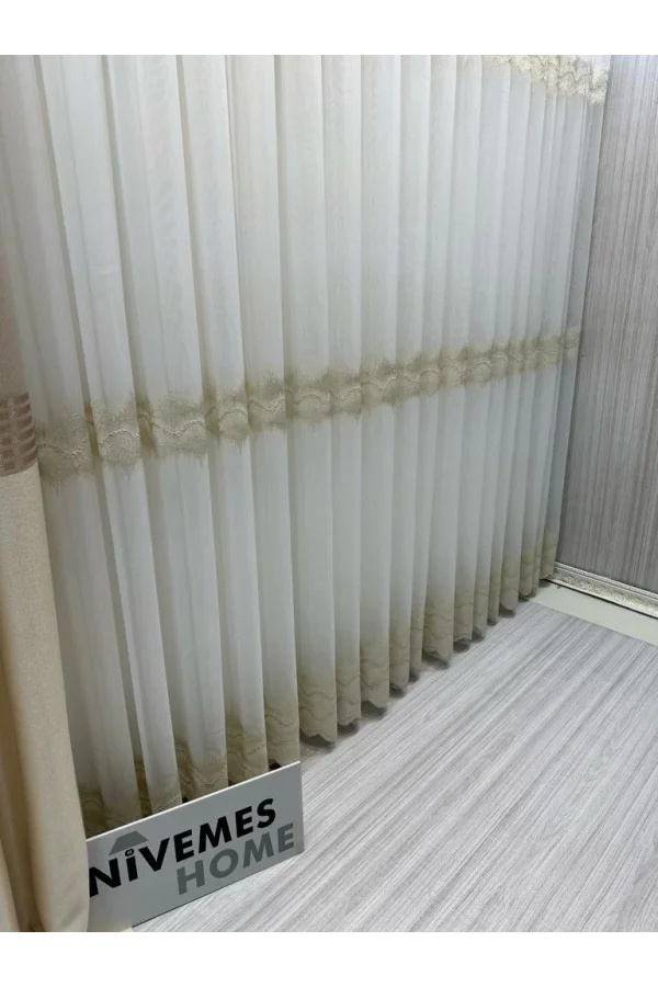 NİVEMESHOME LARİSSA H5451 ЗОЛОТИСТЫЙ ДЕТАЛЬНЫЙ 1/3 ТКАНЬ ТЮЛЬ ПЛЮЩЕНАЯ ЗАГЛАЖЕННАЯ ЭСТЕТИКА