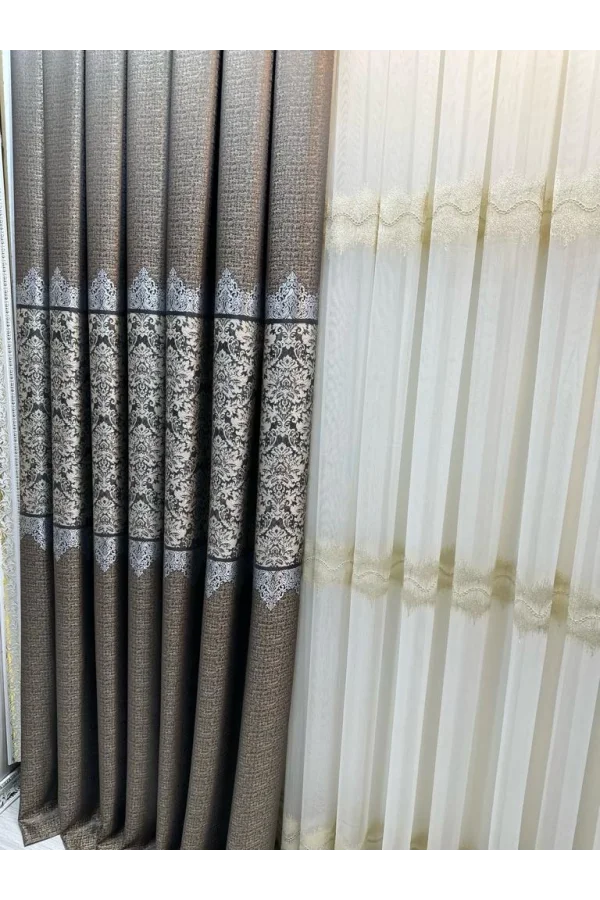 NİVEMESHOME LARİSSA H5451 ЗОЛОТИСТЫЙ ДЕТАЛЬНЫЙ 1/3 ТКАНЬ ТЮЛЬ ПЛЮЩЕНАЯ ЗАГЛАЖЕННАЯ ЭСТЕТИКА