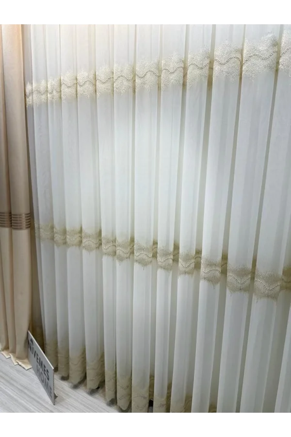 NİVEMESHOME LARİSSA H5451 ЗОЛОТИСТЫЙ ДЕТАЛЬНЫЙ 1/3 ТКАНЬ ТЮЛЬ ПЛЮЩЕНАЯ ЗАГЛАЖЕННАЯ ЭСТЕТИКА