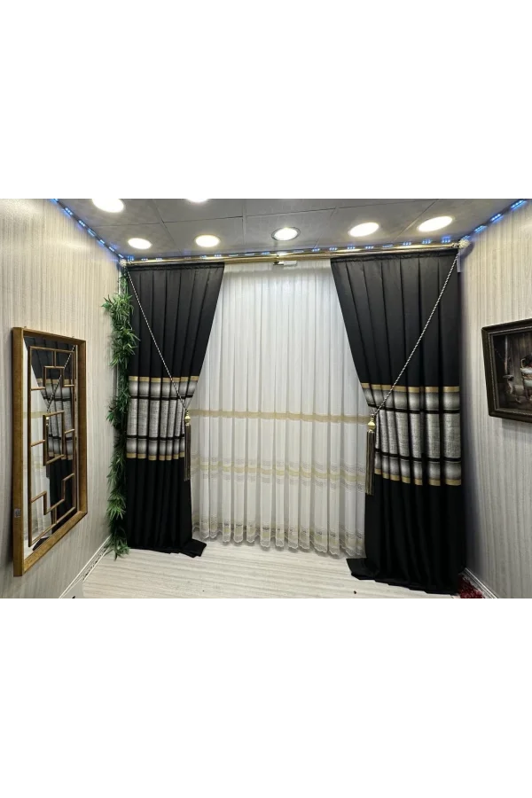 NIVEMESHOME LOTUS GOLD İŞLEMELİ 1/2,5 SIK PİLELİ TÜL PERDE APM