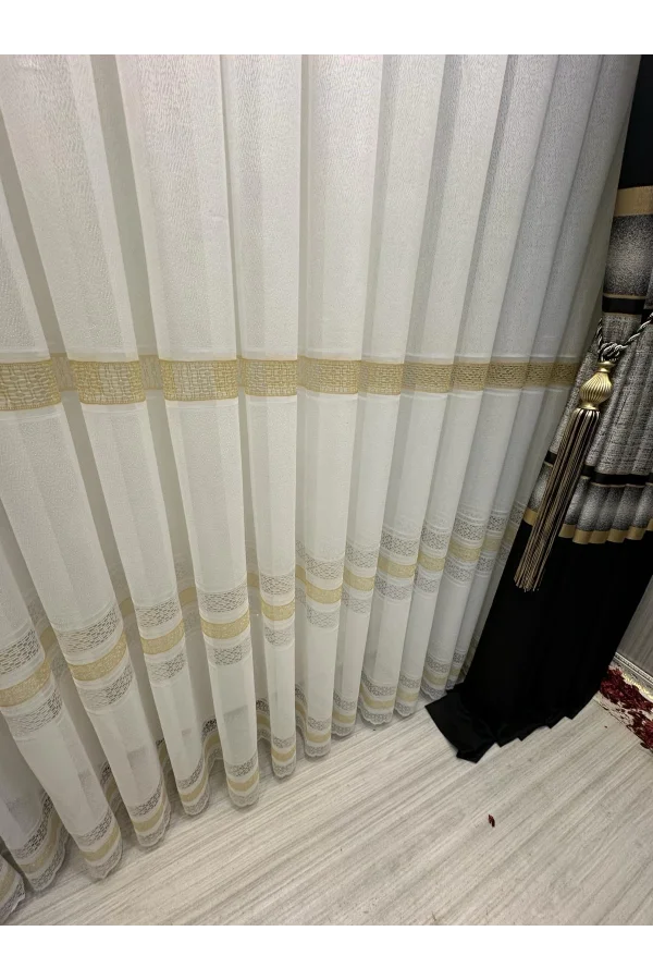 NIVEMESHOME LOTUS GOLD İŞLEMELİ 1/2,5 SIK PİLELİ TÜL PERDE APM