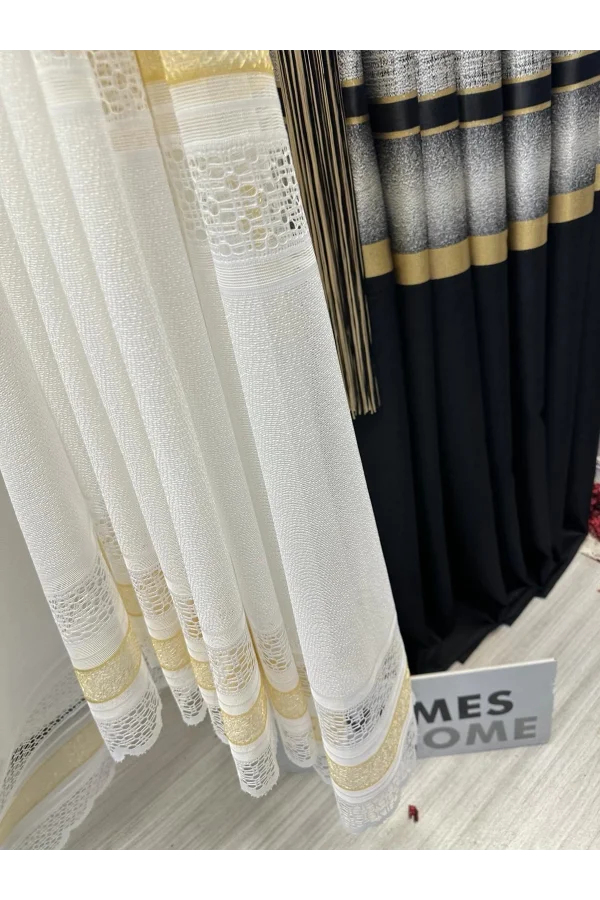 NIVEMESHOME LOTUS GOLD İŞLEMELİ 1/2,5 SIK PİLELİ TÜL PERDE APM