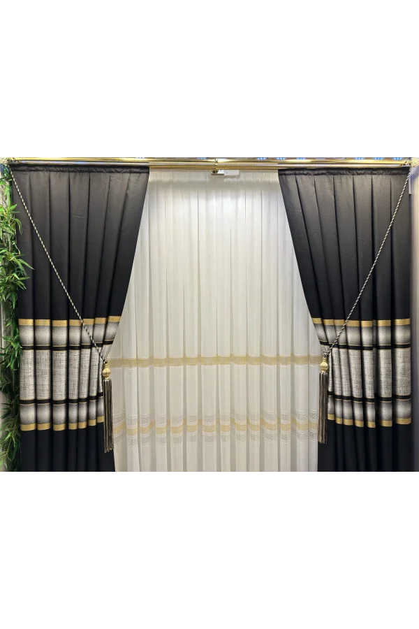 NIVEMESHOME LOTUS GOLD İŞLEMELİ 1/2,5 SIK PİLELİ TÜL PERDE APM
