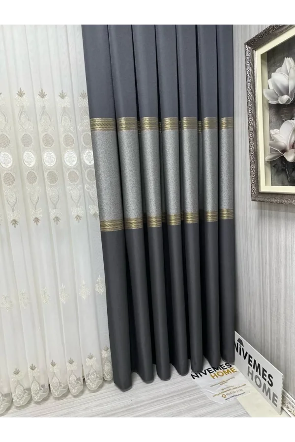 NİVEMESHOME MANAVGAT ANTHRACITE-GOLD FT632113 V-2501 1/3 HEAVY PILE CURTAIN PANEL
