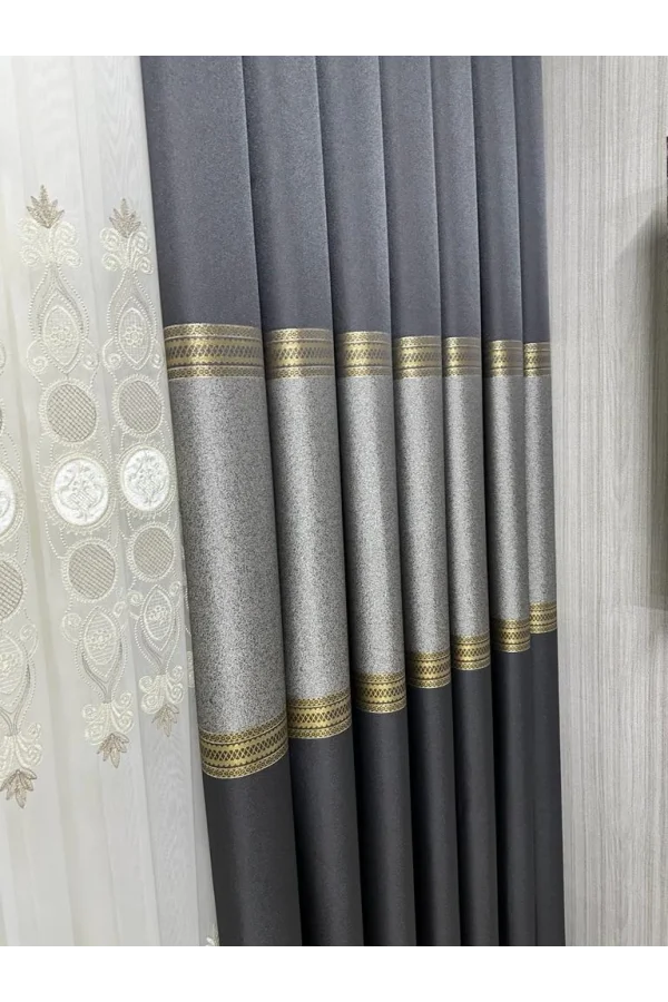 NİVEMESHOME MANAVGAT ANTHRACITE-GOLD FT632113 V-2501 1/3 HEAVY PILE CURTAIN PANEL