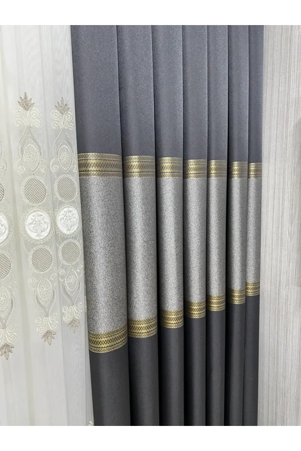 NİVEMESHOME MANAVGAT ANTHRACITE-GOLD FT632113 V-2501 1/3 HEAVY PILE CURTAIN PANEL