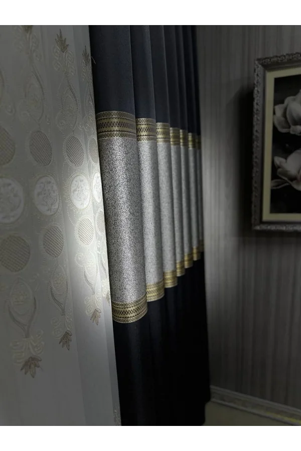 NİVEMESHOME MANAVGAT ANTHRACITE-GOLD FT632113 V-2501 1/3 HEAVY PILE CURTAIN PANEL