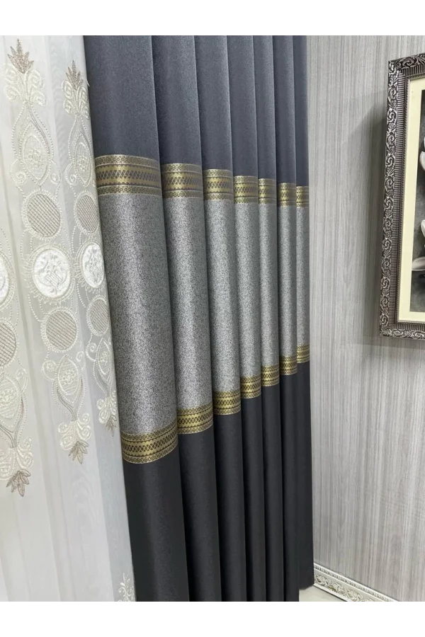 NİVEMESHOME MANAVGAT ANTHRACITE-GOLD FT632113 V-2501 1/3 HEAVY PILE CURTAIN PANEL