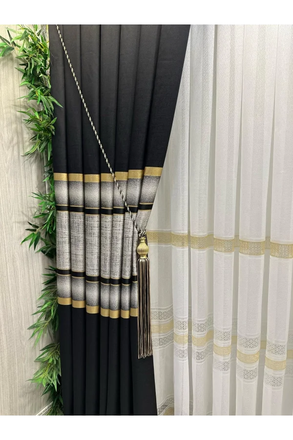 NİVEMESHOME MELANESIAN BLACK-GOLD STRIPED 1/3 TIGHTLY PLEATED SHEER CURTAIN APM