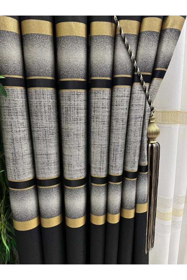 NİVEMESHOME MELANESIAN BLACK-GOLD STRIPED 1/3 TIGHTLY PLEATED SHEER CURTAIN APM