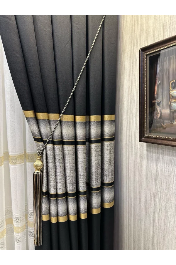 NİVEMESHOME MELANESIAN BLACK-GOLD STRIPED 1/3 TIGHTLY PLEATED SHEER CURTAIN APM