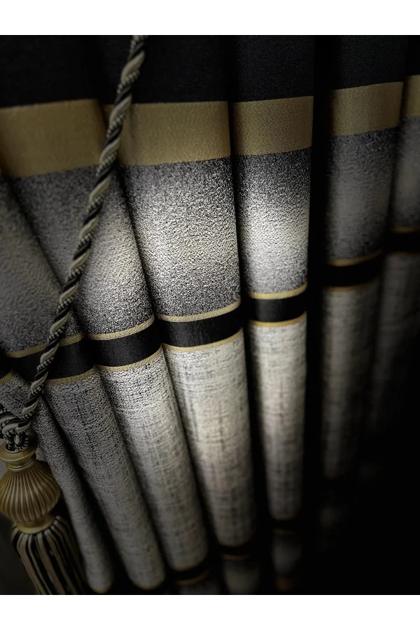 NİVEMESHOME MELANESIAN BLACK-GOLD STRIPED 1/3 TIGHTLY PLEATED SHEER CURTAIN APM