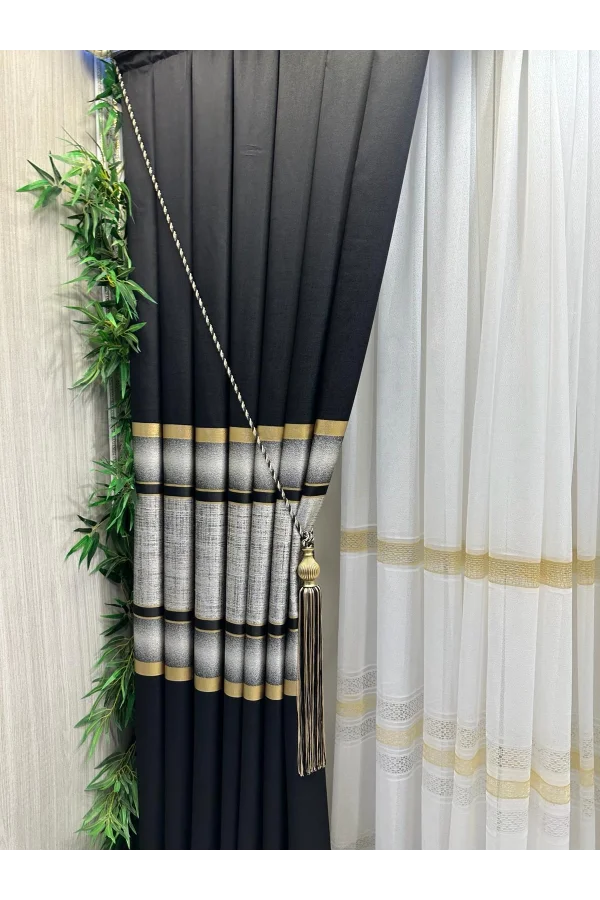 NİVEMESHOME MELANESIAN BLACK-GOLD STRIPED 1/3 TIGHTLY PLEATED SHEER CURTAIN APM