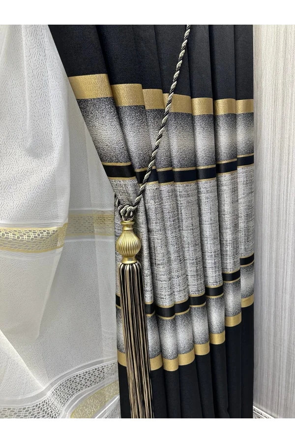 NİVEMESHOME MELANESIAN BLACK-GOLD STRIPED 1/3 TIGHTLY PLEATED SHEER CURTAIN APM