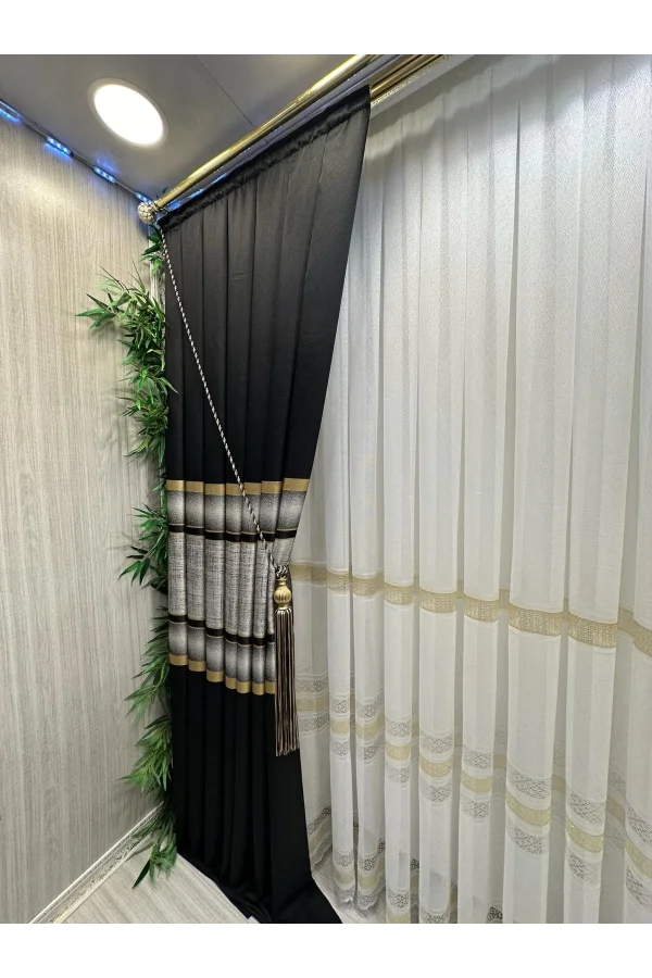 NİVEMESHOME MELANESIAN BLACK-GOLD STRIPED 1/3 TIGHTLY PLEATED SHEER CURTAIN APM