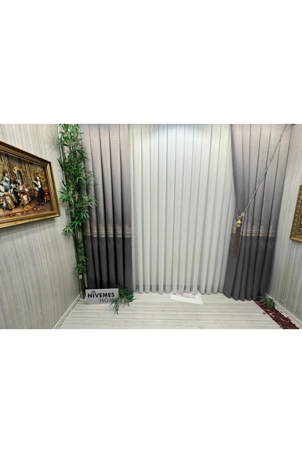 NİVEMESHOME MEVA GOLDGESTREIFTES 1/2,5 DICKES GEFALTERTES TÜLLVORHANG APM