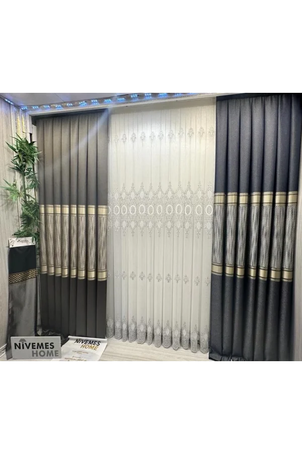 NİVEMESHOME MILANO 4014 SILBER DETAILLIERTES 1/3 DICHT GEFALTERTES VOILE-VORHANG APM