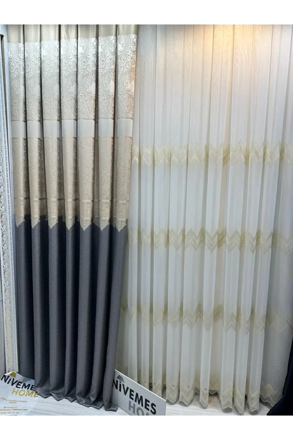 NİVEMESHOME MİLAS 671539 DARK GRAY-CREAM 1/3 DENSELY PLEATED CURTAIN APM