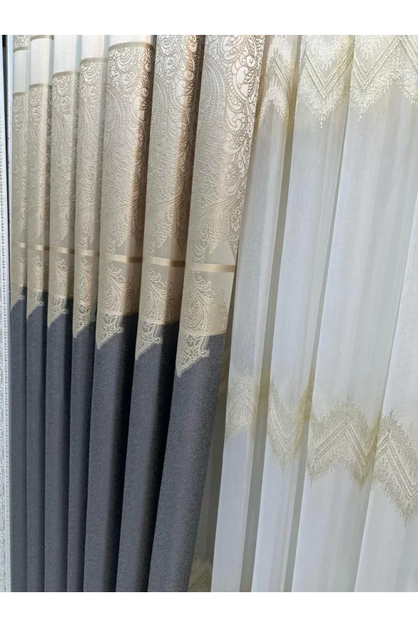 NİVEMESHOME MİLAS 671539 DARK GRAY-CREAM 1/3 DENSELY PLEATED CURTAIN APM