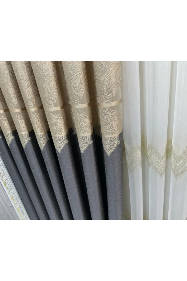 NİVEMESHOME MİLAS 671539 DARK GRAY-CREAM 1/3 DENSELY PLEATED CURTAIN APM