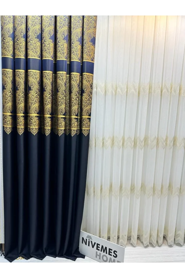 NİVEMESHOME MİLAS LACIVERT-GOLD 671539 1/3 DENSE PLEATED BACKGROUND CURTAIN APM