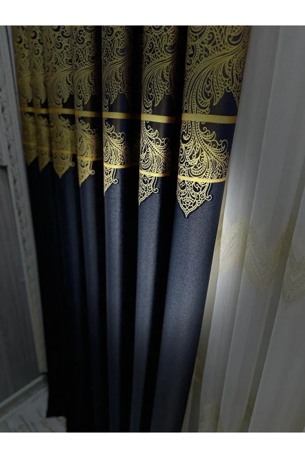 NİVEMESHOME MİLAS LACIVERT-GOLD 671539 1/3 DENSE PLEATED BACKGROUND CURTAIN APM