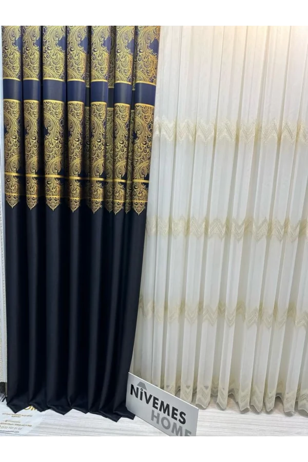 NİVEMESHOME MİLAS LACIVERT-GOLD 671539 1/3 DENSE PLEATED BACKGROUND CURTAIN APM