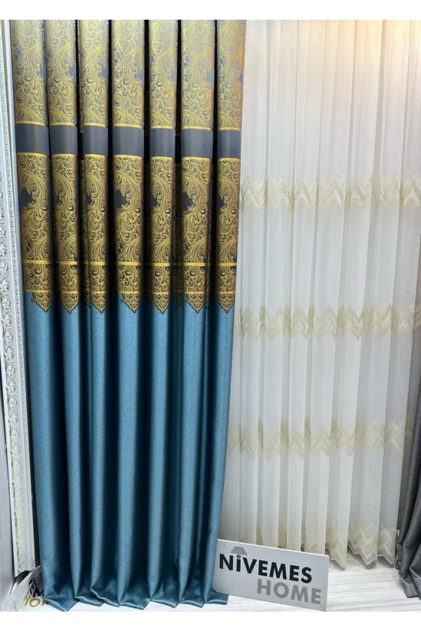 NİVEMESHOME MİLAS TURQUESA-ORO 671539 1/3 CORTINA DE FONDO PLISADA APM