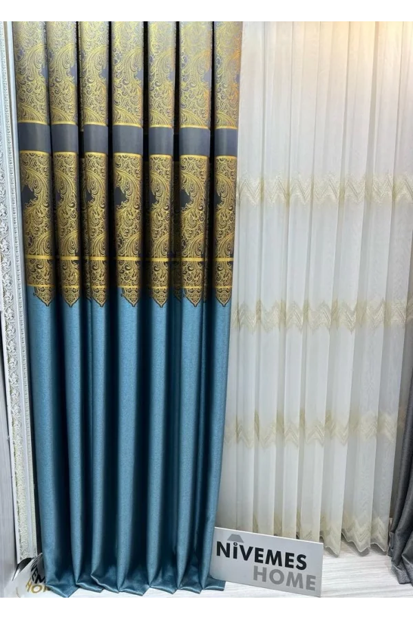 NİVEMESHOME MİLAS TURQUESA-ORO 671539 1/3 CORTINA DE FONDO PLISADA APM