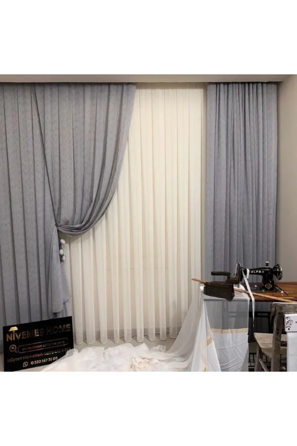 NİVEMESHOME MIZRAKLI FIR0914 AR03102 V-105 GRİ 1/3 SIK PİLELİ TÜL PERDE APM