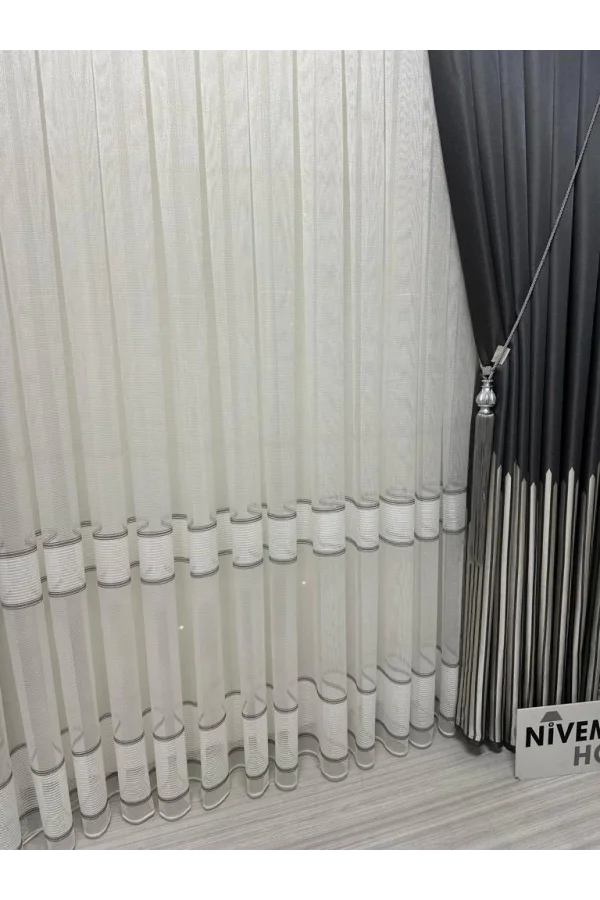 NİVEMESHOME MODERN ZIRH GÖRÜNÜMLÜ ECRÚ 1/3 PLISADA CORTINA DE TUL APM
