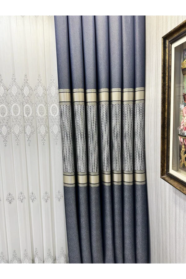 NİVEMESHOME MOZAİK FT614163 V-502 LACİVERT 1/3 SIK PİLELİ FON PERDE APM