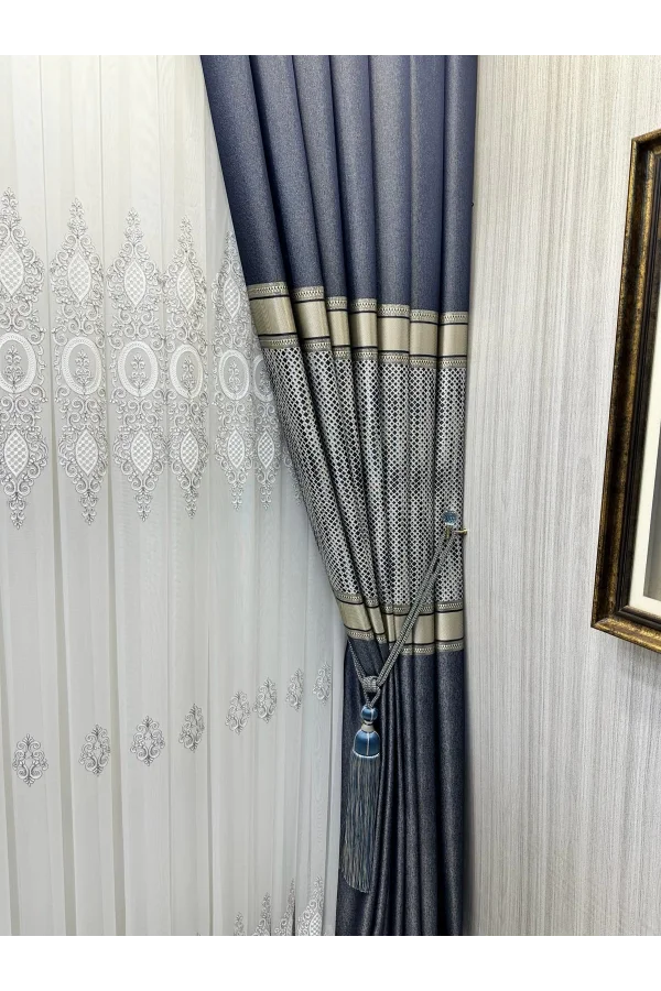 NİVEMESHOME MOZAİK FT614163 V-502 LACİVERT 1/3 SIK PİLELİ FON PERDE APM