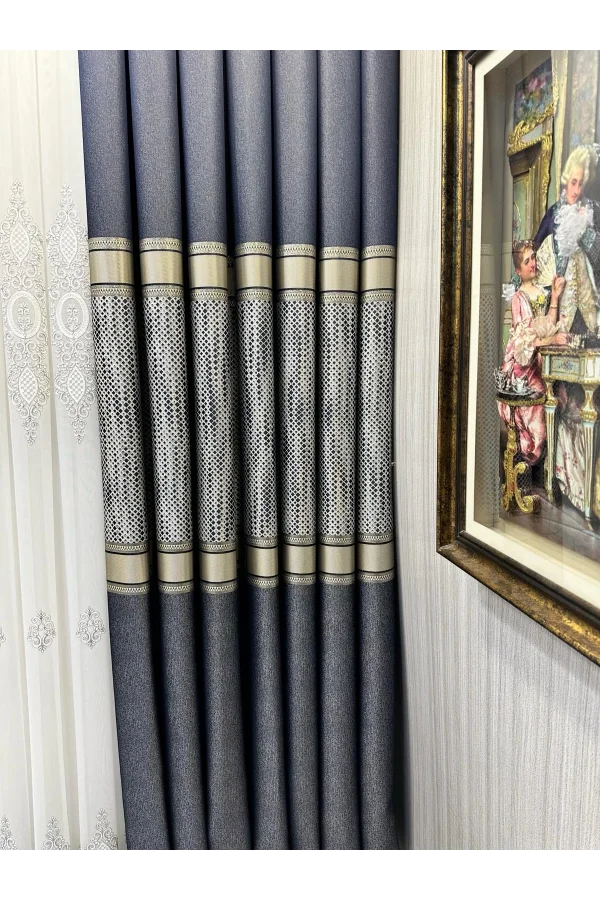 NİVEMESHOME MOZAİK FT614163 V-502 LACİVERT 1/3 SIK PİLELİ FON PERDE APM