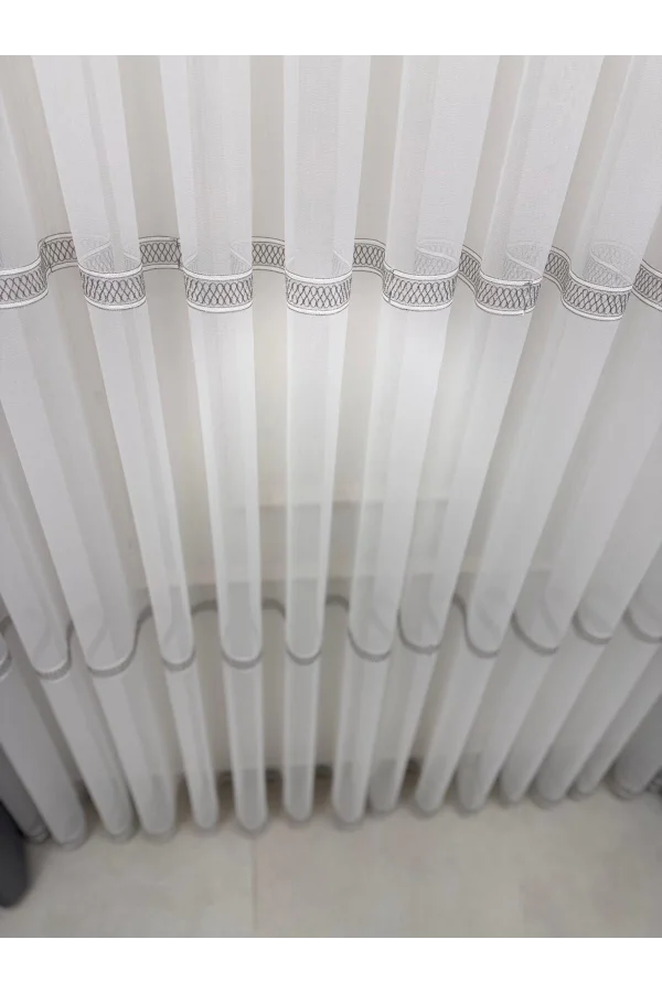 NIVEMESHOME OLIVIA 2025 V-3 SILVER DETAILED 1/3 TIGHT GATHERED TULLE CURTAIN APM